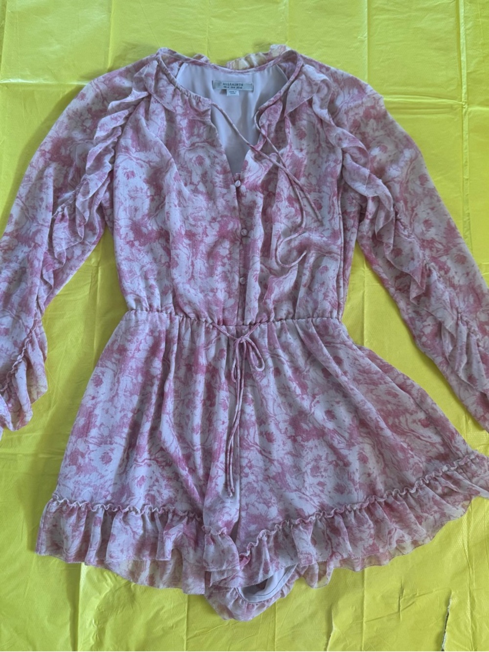 All Saints Pink Floral Ruffle Long-Sleeve Romper